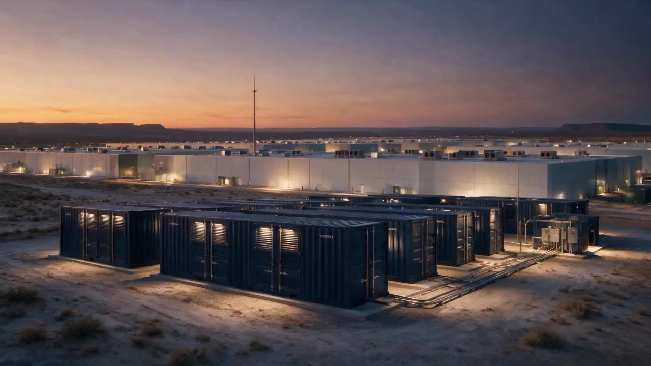 VESSEL containerised storage beside a desert data centre